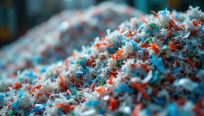 Close up photo shows colorful shredded plastic waste. Fragmented material ready for recycling. Concept of environmental protection reuse and resources management.