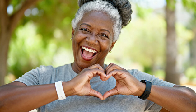 Happy senior Black woman making heart shape with hands expressing love and joy outdoors in a park