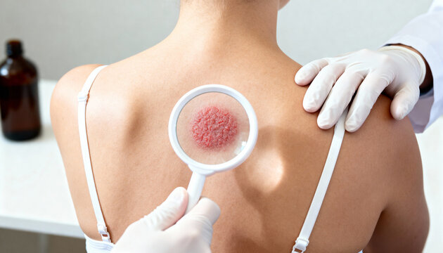Dermatologist examining a skin mole on a patients back with a magnifying glass checking for melanoma and skin ca - Powered by Adobe