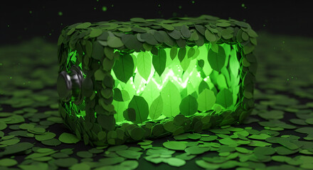 A battery covered in green leaves with a bright green light shining from the inside showing energy