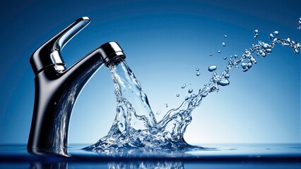 Close-up of a modern metallic water faucet releasing and splashing a clear water.