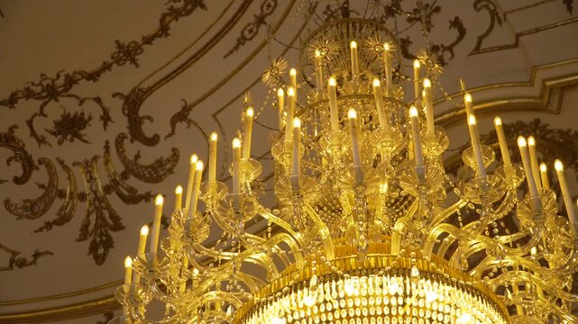 Close-Up of Ornate Crystal Chandelier in the Rococo Interior of the National Palace of Queluz, Portugal