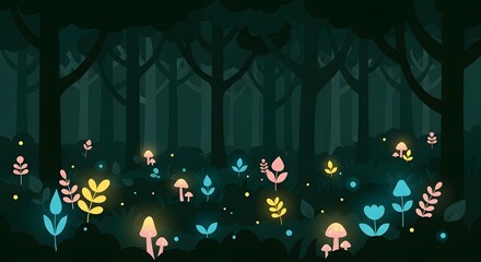 Glowing forest illustration with trees and mushrooms in dark fantasy landscape background scene with plants