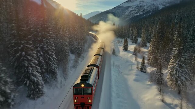 Red passenger train traveling through a snowy mountain landscape with pine trees and sun rays