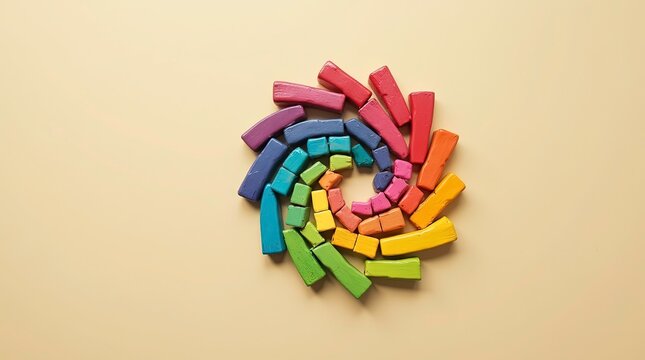A neatly arranged spiral pattern of colorful wooden cubes on a soft beige background. - Powered by Adobe