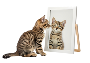 Adorable kitten curiously gazing into a mirror