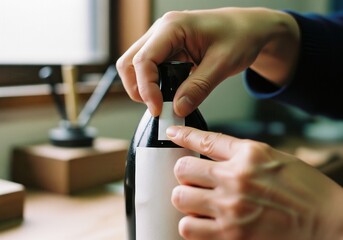 Close up hands peeling white seal sticker on black sake bottle mockup