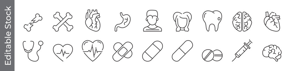 Medical, health, and anatomy line icon set – editable outline symbols of bone, heart, tooth, brain, stethoscope, pill, human organs, pills, bones, heart care, diagnostics, injection and syringe