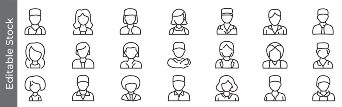 Mega collection of Medical staff and nurse avatar line icon set – editable outline symbols of doctor, nurse, healthcare worker and hospital staff - Powered by Adobe