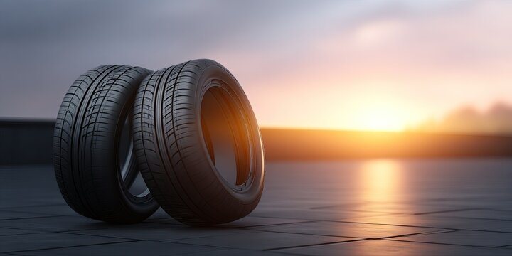 Two car tires on a dark surface with a sunset background.