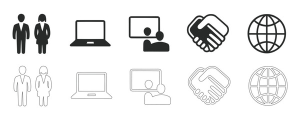 Fototapeta premium Clean, modern icons representing key business elements like teamwork, technology, and global reach. Perfect for presentations, websites, and digital marketing.