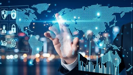 Global data visualization and cybersecurity management on a futuristic touchscreen with a world map display - Powered by Adobe