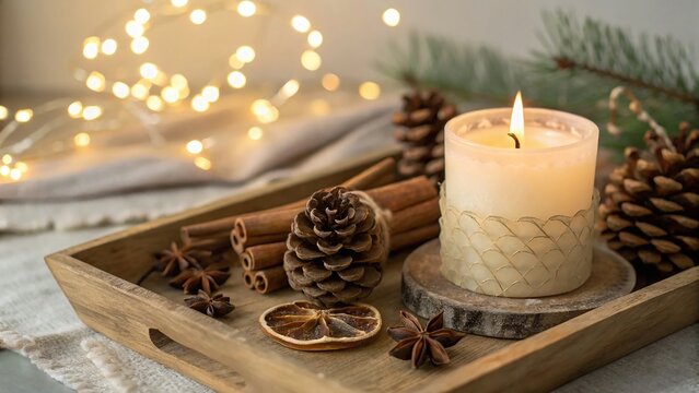 Vintage Lantern with Burning Candle and Snowy Window Background