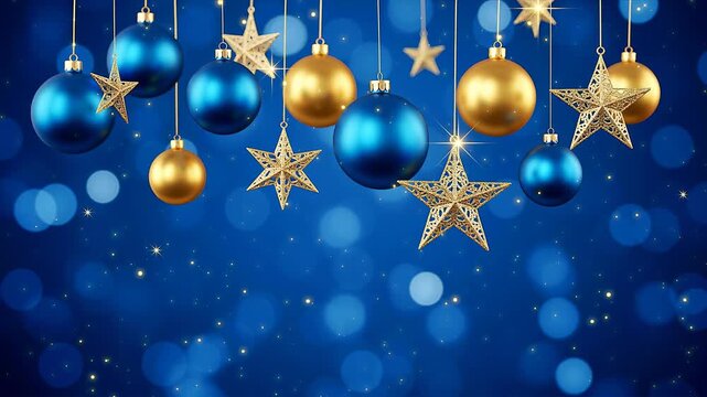 Christmas ornaments with blue and gold baubles hanging over glowing blue background with festive sparkles

