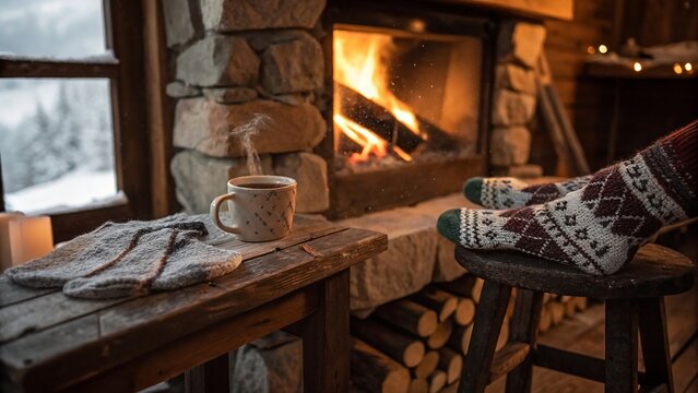 Warm Cabin Fireplace Scene with Socks, Coffee, and Snow Outside