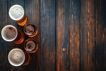 Top view of assorted beer glasses with rich foam on a dark rustic wooden table, idea for bar menus, craft beer promotions, and pub themed design layouts