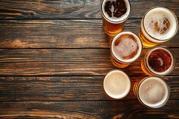 Top view of assorted beer glasses with frothy foam on a rustic wooden table, idea for bar menus, craft beer promotions, and pub themed design projects