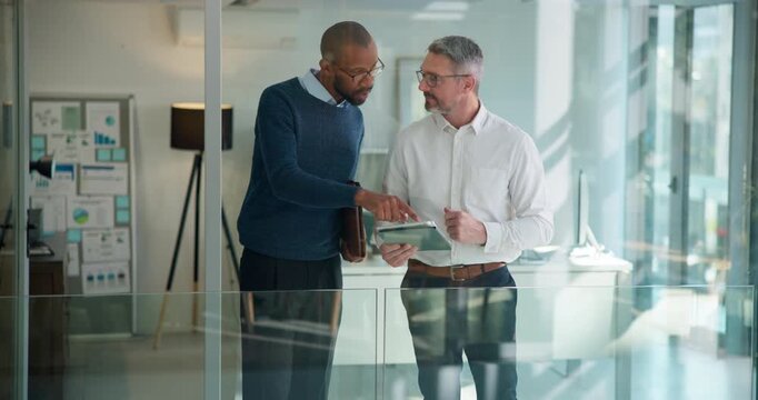 Business men, tablet and meeting in office with finance report, budget review and statement. Accountant, discussion and planning with tech for financial audit and company performance evaluation