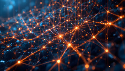 A complex network of glowing orange nodes and connecting lines against a dark, abstract background, representing data connections and digital information flow