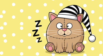Cute cartoon cat wearing a striped nightcap is sleeping soundly.