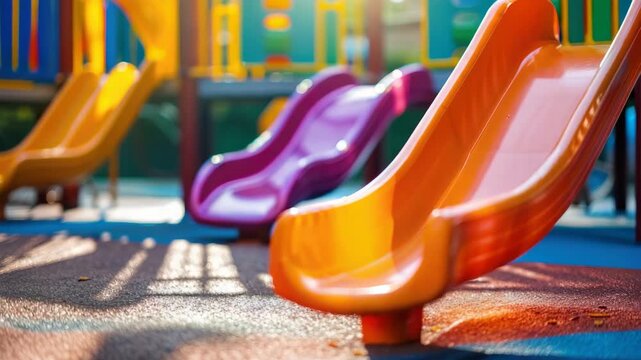 Colorful playground slides with blurred background in bright sunlight