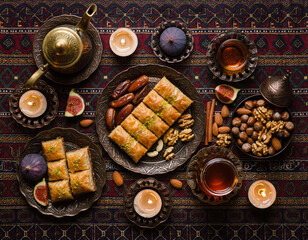 Middle Eastern Dessert Table with Baklava, Dates, Nuts, and Tea – Overhead Still Life