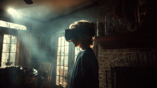 Child Wearing VR Headset in Light-Streaked Room