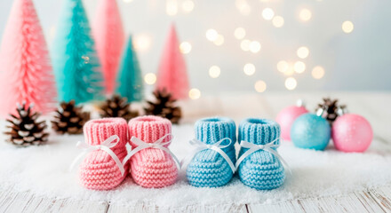 Baby shower gender reveal Christmas invitation or banner template with pink and blue knitted boots. Birth and gender reveal