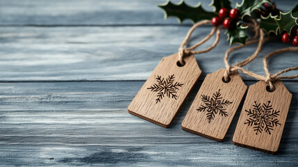 Christmas wooden tags with snowflake design and holly decoration on rustic wood background create festive and cozy holiday atmosphere