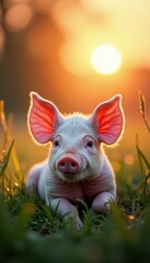Pink piglet rests in tall grass, sun setting behind , idyllic, golden hour, farm