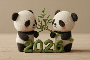 AI-generated two cute pandas holding bamboo with 2026 numbers decoration