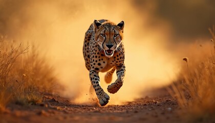 Fast cheetah sprints on dusty african savanna. Wild cat chases prey during sunset. Powerful predator hunts in dry grassland with golden hour light.