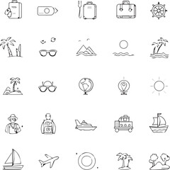 Grid of 25 black line icons for travel, vacation, and tourism including luggage, cruise, beach, and globe
