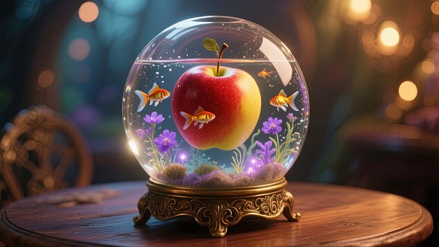 Magical still life featuring: A large red and yellow apple enclosed inside a crystal-clear glass globe that resembles an ornate snow globe or aquarium.
