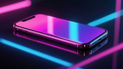 Trendy smartphone lying on surface with vibrant purple neon lighting on a reflective surface showcasing a modern application update concept.