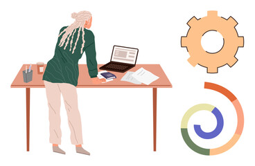 Person leaning over desk with laptop, documents, coffee, and rotational charts nearby, analyzing data. Ideal for business, office work, planning, data analysis education research simple flat