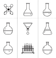 Grid of 9 black line icons for lab equipment and chemistry symbols including flasks, funnel, and atom