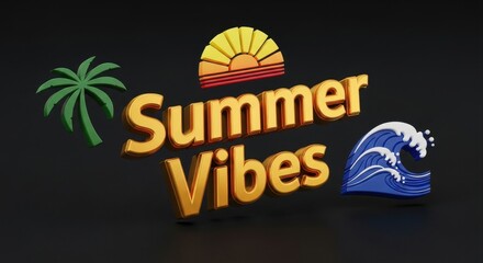stylized golden 3d text 'summer vibes' with icons on dark background. summer vacation concept. website header, banner, invitation with copy space.
