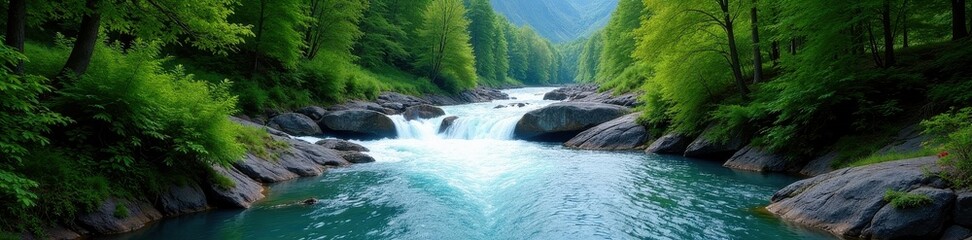 Fast-flowing mountain river cuts through lush green forest , water, brook