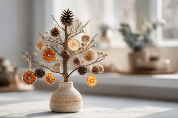 Minimalist Christmas tree with dried oranges and pinecones in ceramic vase