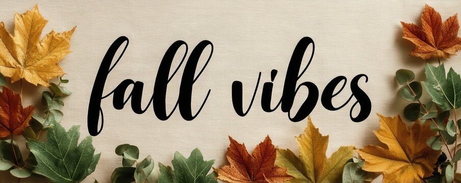 Fall vibes in cursive lettering surrounded by autumn leaves for cozy seasonal décor