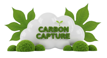 Conceptual illustration of carbon capture technology with green mossy spheres and leaves forming a cloud shape, symbolizing environmental sustainability