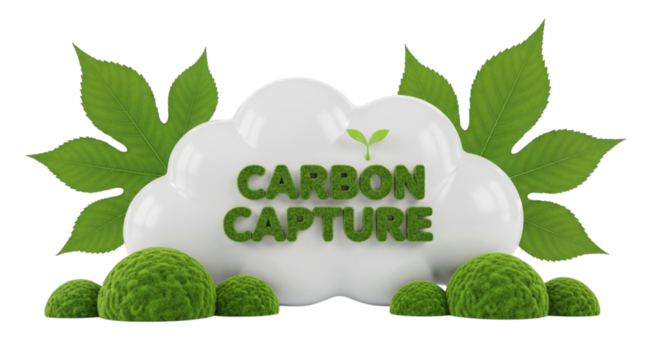 Conceptual illustration of carbon capture technology with green mossy spheres and leaves forming a cloud shape, symbolizing environmental sustainability