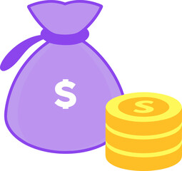 Simple cartoon illustration of a purple money bag tied with a dollar sign icon next to a stack of bright golden coins, symbolizing wealth, savings, and financial reward.