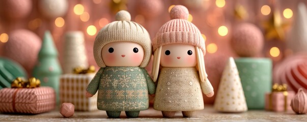 Fototapeta premium Pastel knit dolls in festive Christmas scene with gifts and cozy decor