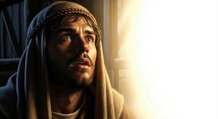 young middle eastern man in ancient biblical robes looks up in awe at divine, bright light. christmas story of miracle or revelation. religious illustration, banner with copyspace.