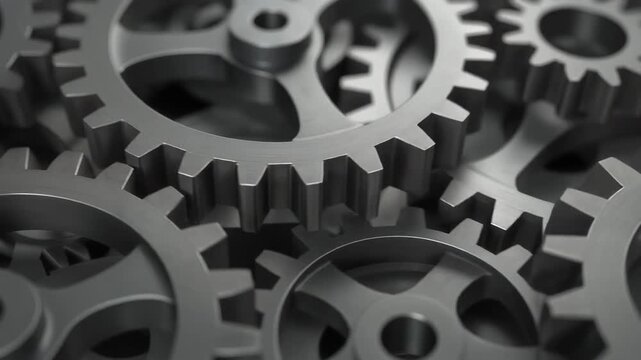 Close-up of metallic gears interlocking and overlapping each other.