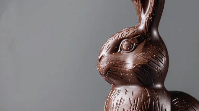 Detailed chocolate bunny against gray background