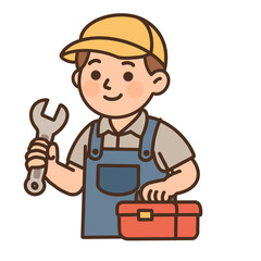 Hand draw mechanic technician holding wrench and toolbox cute vector illustration