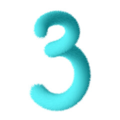 3d Fluffy number three 3 soft furry font digit isolated on white background, playful design element for birthday, anniversary and other celebrations